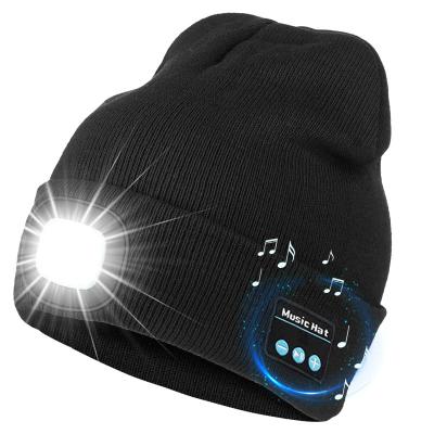 China Running Hiking Warm Knitted Unisex Beanie Hat For Running Hiking LED Ice Fishing Winter Hats Camping Earphone Rechargeable Luminous Headlight for sale