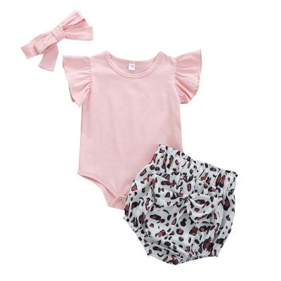 China Breathable Baby Summer Newborn Toddler Pink Organic Leopard Pant Petal Sleeve Suit 2 Piece Baby Dress Sets Have Headband for sale