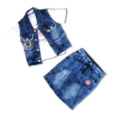 China Anti-wrinkle fashion kids clothing three piece sets sunflower babies top with fashion skirt OEM Spandex style casual weather jeans fabric for sale