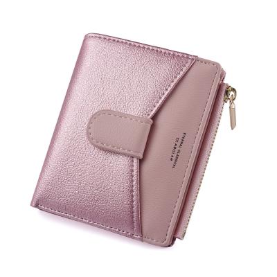 China 3 new folds wallet tiktok glitter contrasting color zipper purse splicing short purse for ladies for sale