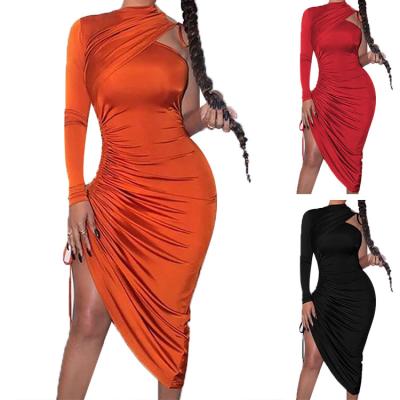 China New Breathable One-Shoulder Strap And Pleated Tight Dress In Solid Color Elegant Sexy Dress for sale