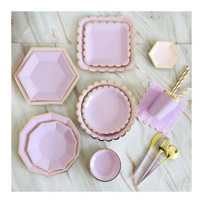 China Amazon Paper Cup Straw Party Tableware Set Purple Modern Disposable Purple Paper Plates for sale