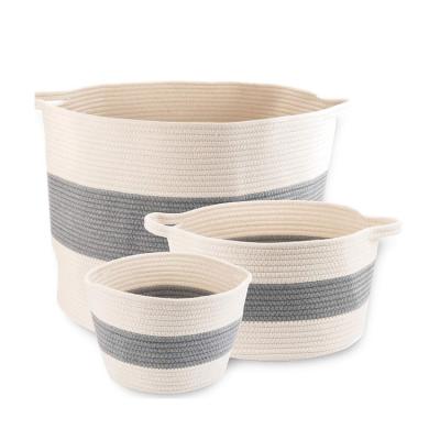 China Sustainable custom natural cotton storage basket gray and white 3 piece cotton woven basket storage boxes for sale