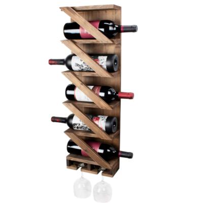 China Sustainable Fashionable Wall Mounted Wooden Wine Bottle Display Rack Holds 5 Bottles And 2 Glasses for sale