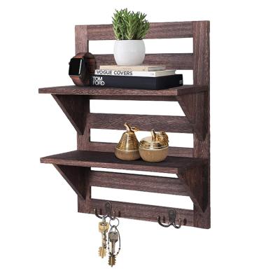 China Storage Vintage Wall Shelf with Two Double Iron Hooks and 2 Tier Storage Shelves Shelves Decorative Wood Wall for sale