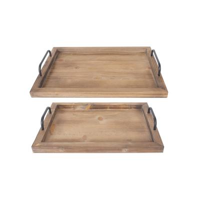 China Retro Brown Rectangle Eco - Friendly Rustic Natural Food Service Tray Wood Serving Tray With Metal Handles for sale