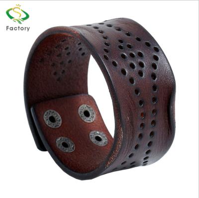 China Fashion New CLASSIC Joker Simple Accessories Leather Wide Hollowed-out Men's Retro Cowhide Leather Bracelet for sale