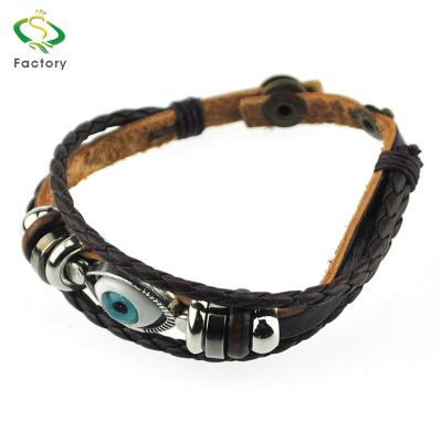 China New Style Punk Leather Evil Eye Leather Handmade Bracelet Charm Customized Fashionable Unisex Rope Pendant Men's Bracelet for sale