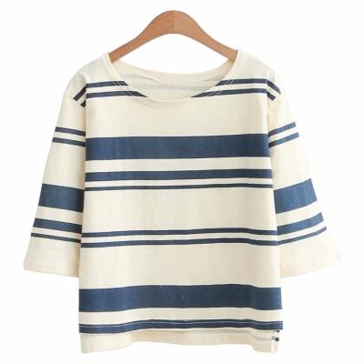 China Striped Back 100% Cotton T-shirt Crewneck Women Anti-Shrink Long 3/4 Sleeve T Shirt for sale