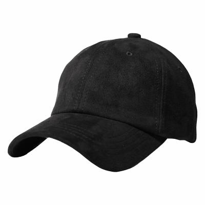 China COMMON Sports Pure Custom Leather Strap 6 Panel Color Black Hat Suede Single Back Baseball Cap for sale