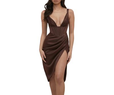 China Anti-Static Zipper Backless Elegant Women's Sexy Home Wear Fishbone Ruffles Satin Midi Dress for sale