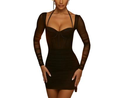 China Exclusive Square Patchwork Autumn Sexy Party Club Women Mini Bodycon Dress Custom Size High Quality Color Anti-Static Neck for sale