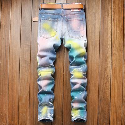 China BKB07 LOGO High Quality Fashion Trend Custom European American Blue Men's QUICK DRY Paint High Street Ripped Style Stretch Jeans for sale