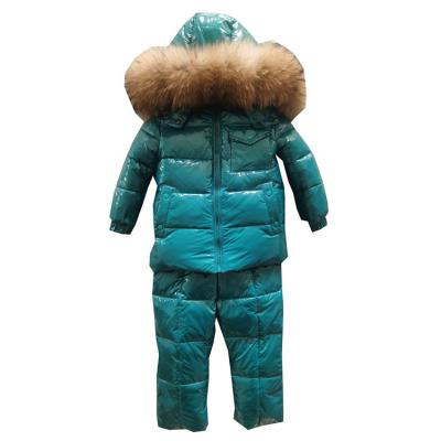 China Anti-wrinkle Winter Kids Wear Girls Dress White Duck Down Quilted Coat Jacket &Pants Set With Detachable Fur Hoodie NO--clean Shiny Dresses for sale