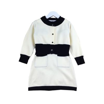 China Autumn Kids Casual Breathable Black and White Knit Sweatsuit Girls Cardigan Dress Sweater 2 Piece Outfits Sets Vintage Sweater for sale