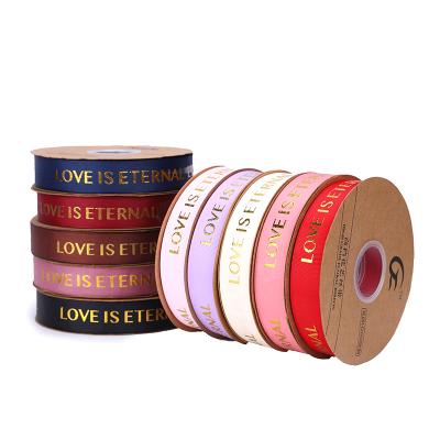 Κίνα Wholesale Custom Washable Logo Printed Gold Foil Polyester Satin Ribbon For Wrapping Decoration προς πώληση