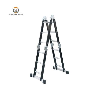 China Folding Ladders Aluminum Portable Universal Black Color Folding Four Part Ladders for sale