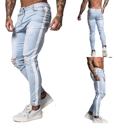 China New Hot Sale Breathable Light Blue Mens Jeans Stretch Side Stripe Ripped Slim Fit Jeans Men for sale