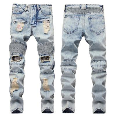 China New Design Breathable Fashion Personality OEM/ODM Patches Slim Rivet Ripped Skinny Biker Jeans Men for sale