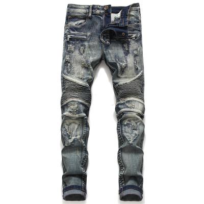 China Breathable Hot Selling Blue Ripped Biker Jeans Men Patchwork Stretch Slim Fit Vintage Blue Ripped Jeans for sale