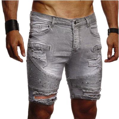 China 2021 New Design Summer Stretch Pleated Biker Men'S Slim Fit Ripped Jeans Breathable Short Skinny Men Jeans for sale