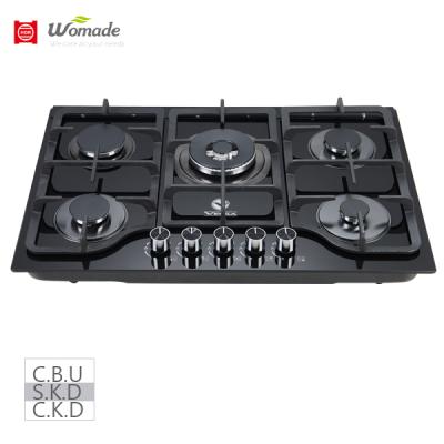 China 5 nozzles 80cm black glass 5 burner built in gas hobs estufas elegantes 2022 new design build in hobs for sale