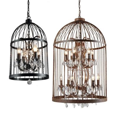 China Industrial European Attic Black Iron Birdcage Vintage Style Crystal Chandelier for sale