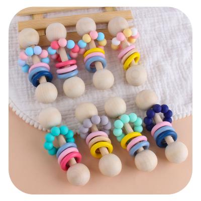 China Soft Custom Logo Shape Wooden Toy Baby Teething Wooden Teether Toy Silicone Beads Educational Toy for sale