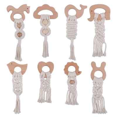 China Natural beech wood safety customized teether ring braided boho rattle animal wood baby molar teether toy for sale