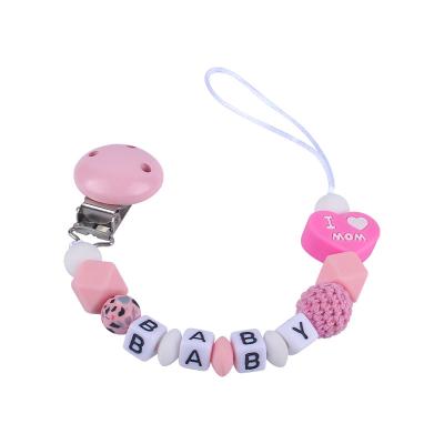 China BPA Free Custom Chewable Wooden Silicone Pacifier Clip Love Heart Shape Baby Pacifier Chain Dummy Chain for sale