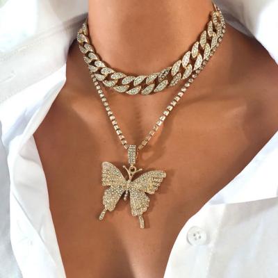 China Other 2Pcs Set Exaggerated Retro Necklace Set Diamond Geometric Chain Cuban Necklaces Inlaid Women's Jewelry for sale