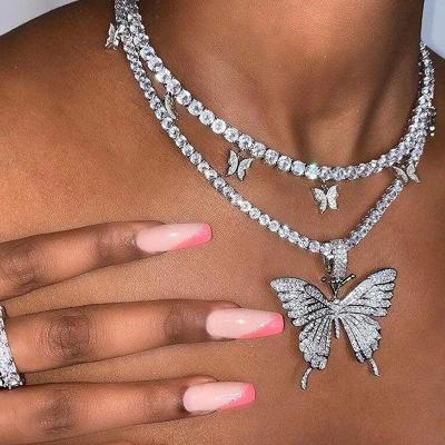 China Other Set 2Pcs Women Luxury Rhinestone Chains Necklace Sparkling Bling Hop Jewelry Gift Chain Choker Necklace for sale