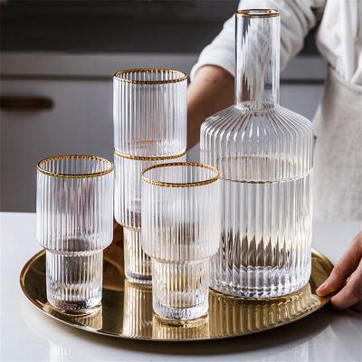 China Stocked Vertical Stripe Transparent Kettle Fruit Drinking Water Cup Glasses Set With Gold Rim for sale