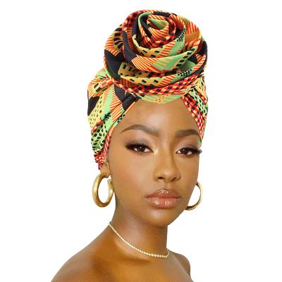 China Fashion African Print Stretch Bandana Head Wrap Floral Ankara Dashiki Women Party Turban Headwear Hat Hair Accessories Long Satin Scarf for sale