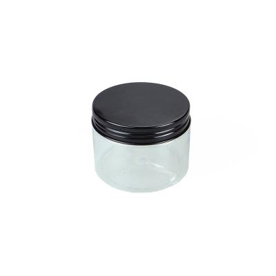 China 250ml cosmetic clear plastic jar with black metal cap pet jars with black aluminum lid for sale