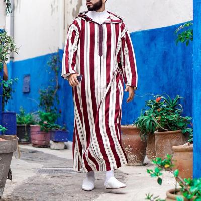 China Single Zipper Jack Red and White Striped Long Robe Islamic Men's National Costume Hooded Dress Long Sleeve Fashion Muslim Maxi Dress Wholesale M-4XL for sale