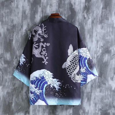 China WholesaleJapanese Haori Wave Obi Male Yukata Men's Traditional Japan Clothing Kimono Cardigan Silk Print Japanese Coat Carp Segment for sale