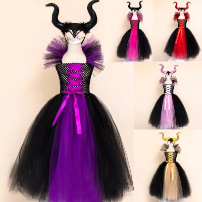 China Spandex Maleficent Of The Evil Queen Tutu Skirt For Girls Dresses With Horns Halloween Witch Costume Cosplay Girls Kids Carnival Party for sale