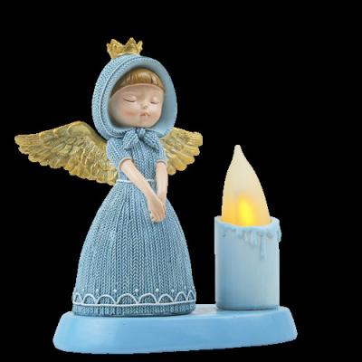 China 2022 Europe New Product Ideas Resin Blue Angel Figurine Fairy Small Statue With Led Candle Flickering Light for sale