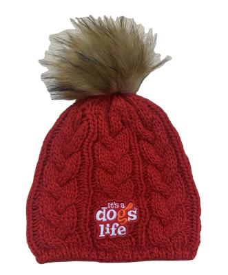 China Character Embroidered Custom Logo Knit Winter Hat Beanie Hat with Fur Pom for sale