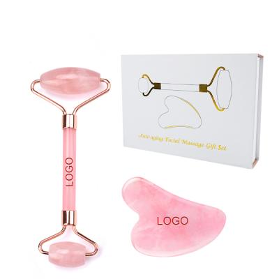 China High Quality 100% Logo Stone Face Roller Rose Quartz Rose Gold Jade Custom Authentic Natural Massage Roller Anti Aging Face Roller for sale