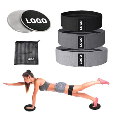 China Durable Eco-Friendly Logo Wide Anti Slip Fabric Wearable Custom Resistance Bands Set, Women Hip Exercise Workout Booty Bands With Core Sliders for sale