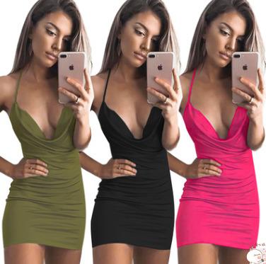 China 2021 Newest Ladies Backless Bodycon Anti-Static Sexy Deep V-Neck Halter Stretching Slit Mini Party Club Short Skirt for Women Slip Dress for sale