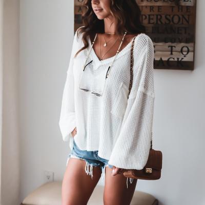 China high quality Anti-wrinkle sweater custom knit knitted v neck puff boho spring loose long sleeve autumn sweater loose casual outfits for women for sale