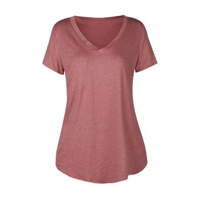 China lady's short V-neck Anti-wrinkle summer women's loose casual T-shirt sleeve blouse tops loose casual tees for sale