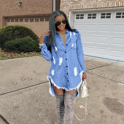 China Anti-Static Women Denim Shirt Dress Jean Dress Button Down Casual Distressed Long Sleeve Tunic Top for sale