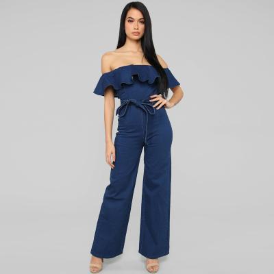 China QUICK DRY off the shoulder jumper romper denim overall sexy one piece jumpsuit customized blue jeans back onesie ruffle sleeve zipper woman for sale