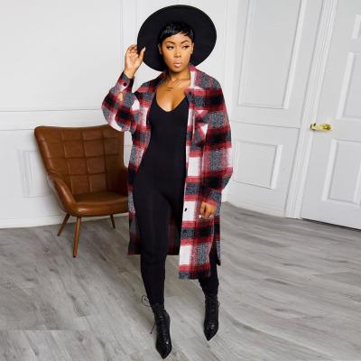 China Anti-Wrinkle Women Plaid Sleeve Salon Lapel Button Down Long Collar Shirt Jacket Shacket Oversized Coat Lapel for sale