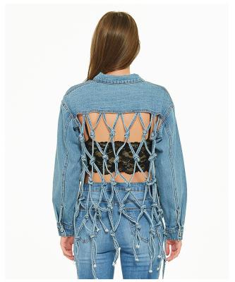 China Reversible Women's Hollow Cropped Back Denim Jacket Casual Long Sleeve Grid Tassel Fringe Edge Jeans Coats Outerwear for sale