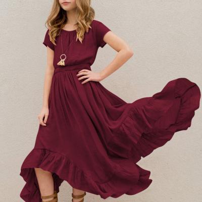 China Breathable Girls Loose Ruffle Waist Neck Simple Short Sleeve Lace Casual Elastic Swing Long Maxi Dress for sale